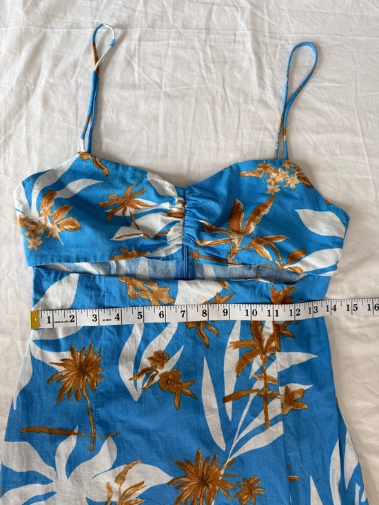 Zara Blue Tropical Palm Print Midi Dress Size M Spaghetti Strap Ruched Bust - Picture 4 of 10